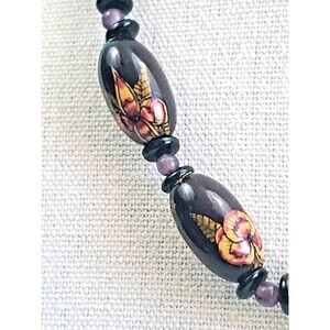 Vintage Black Oval Bead Necklace Floral  Print Mid-Century  Bohemian